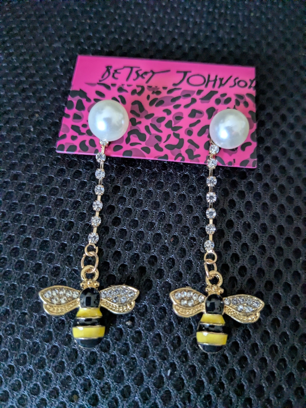 Betsey Johnson Gold Pearl Drop Earrings with Yellow & Black Bee Charms